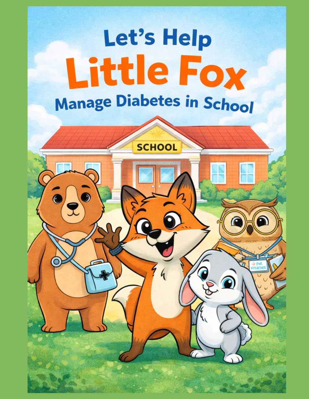 Front cover of Let’s Help Little Fox Manage Diabetes in School, showing Little Fox and animal friends outside a school.